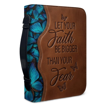 Personalized Leather Bible Cover with Handle - "Let Your Faith Be Bigger Than Your Fear" Blue Butterfly Christian Gifts for Women - CHRISTIANARTBAG