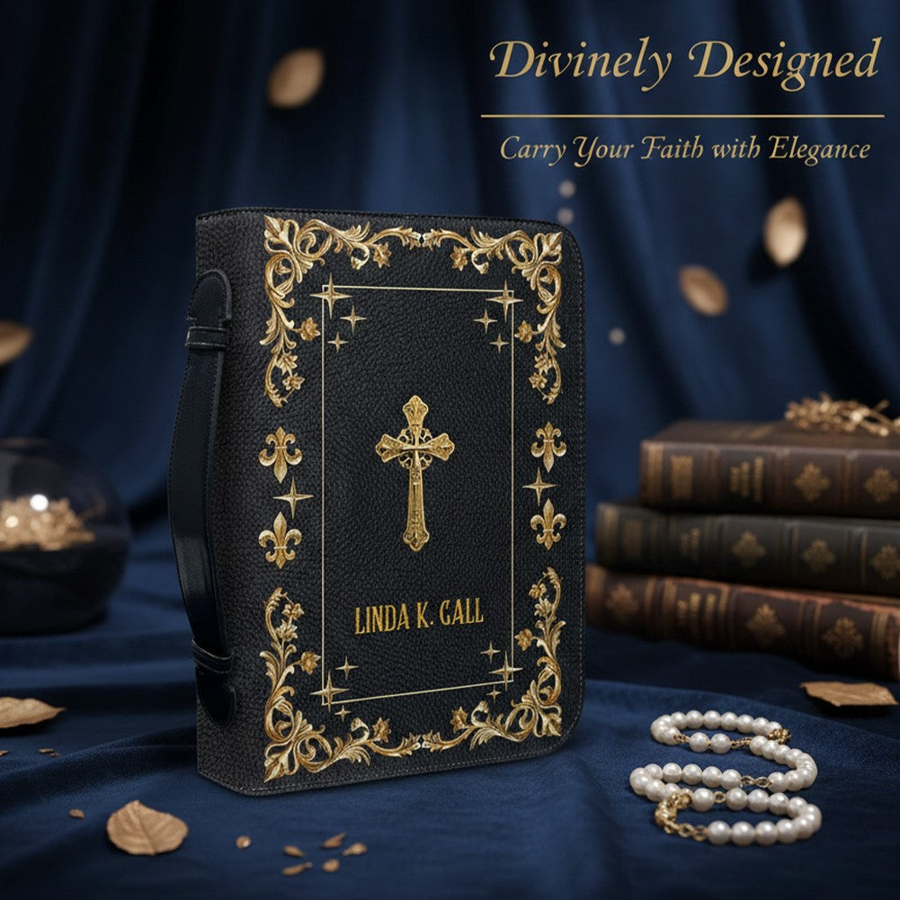 CHRISTIANARTBAG Personalized Bible Cover - Custom Engraved Gold Floral Leather Case with Cross & Handle