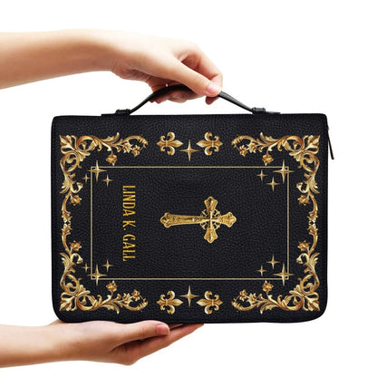 CHRISTIANARTBAG Personalized Bible Cover - Custom Engraved Gold Floral Leather Case with Cross & Handle