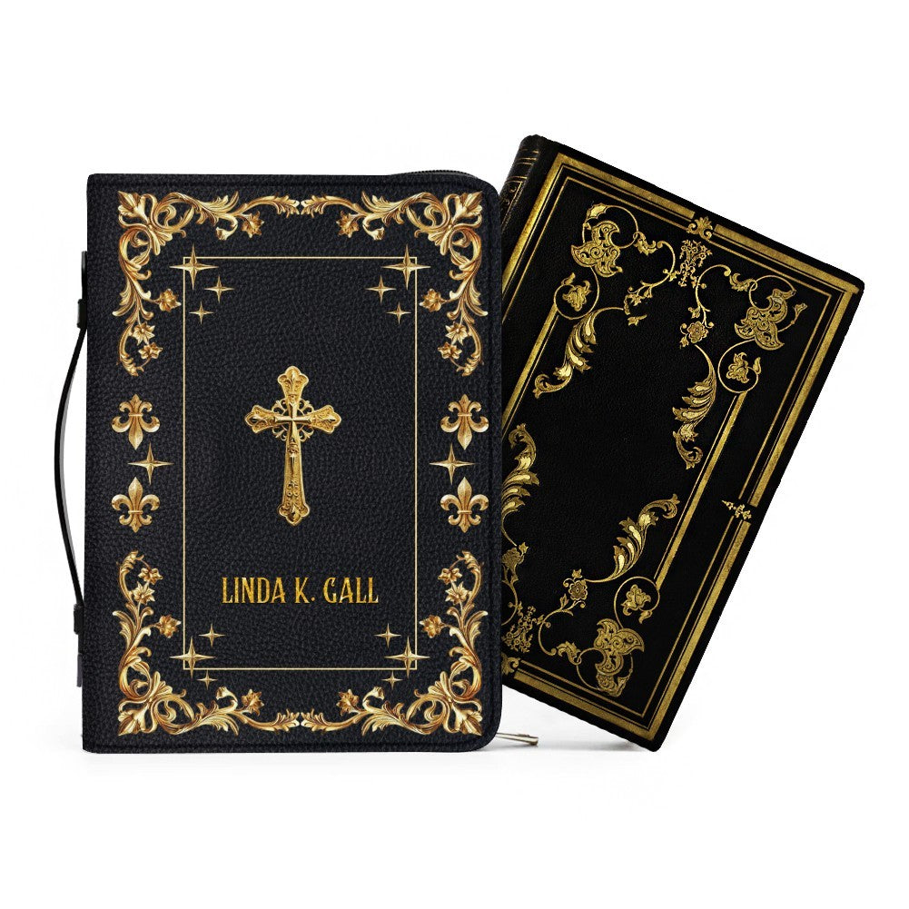 CHRISTIANARTBAG Personalized Bible Cover - Custom Engraved Gold Floral Leather Case with Cross & Handle