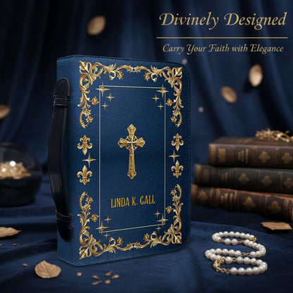 CHRISTIANARTBAG Personalized Bible Cover - Custom Engraved Gold Floral Leather Case with Cross & Handle