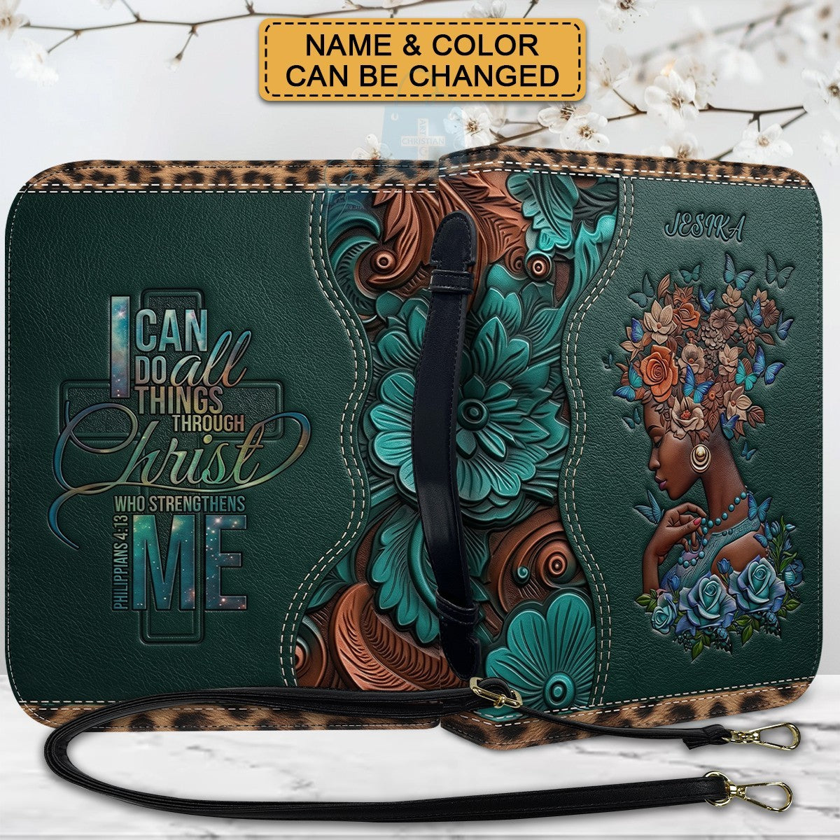 Personalized Leather Bible Cover with Strap - "I Can Do All Things Through Christ" Philippians 4:13, Custom Name Floral Artwork Case by CHRISTIANARTBAG 01082426