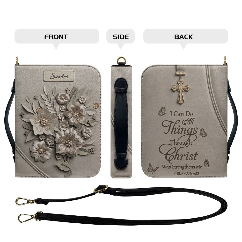 Personalized Bible Cover Case with Handle & Strap, Custom Leather Bible Bag with Name & Scripture - CHRISTIANARTBAG 01080226