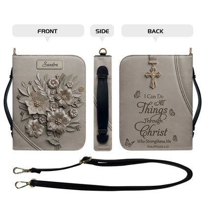 Personalized Bible Cover Case with Handle & Strap, Custom Leather Bible Bag with Name & Scripture - CHRISTIANARTBAG 01080226