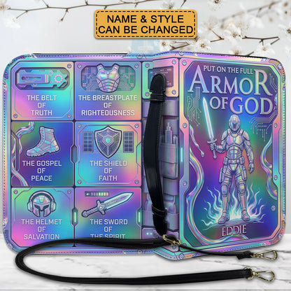 Personalized Armor of God Bible Cover with Name – Custom Holographic Christian Bible Bag with Carrying Handle & Strap | CHRISTIANARTBAG CAB03100626