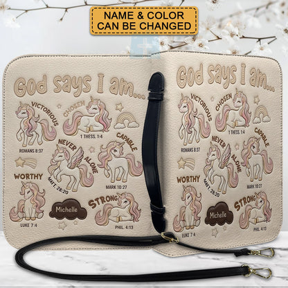 Personalized Bible Cover Carrying Bag with Handle & Strap, God Says I Am Unicorn Custom Name Bible Case - CHRISTIANARTBAG 01092426