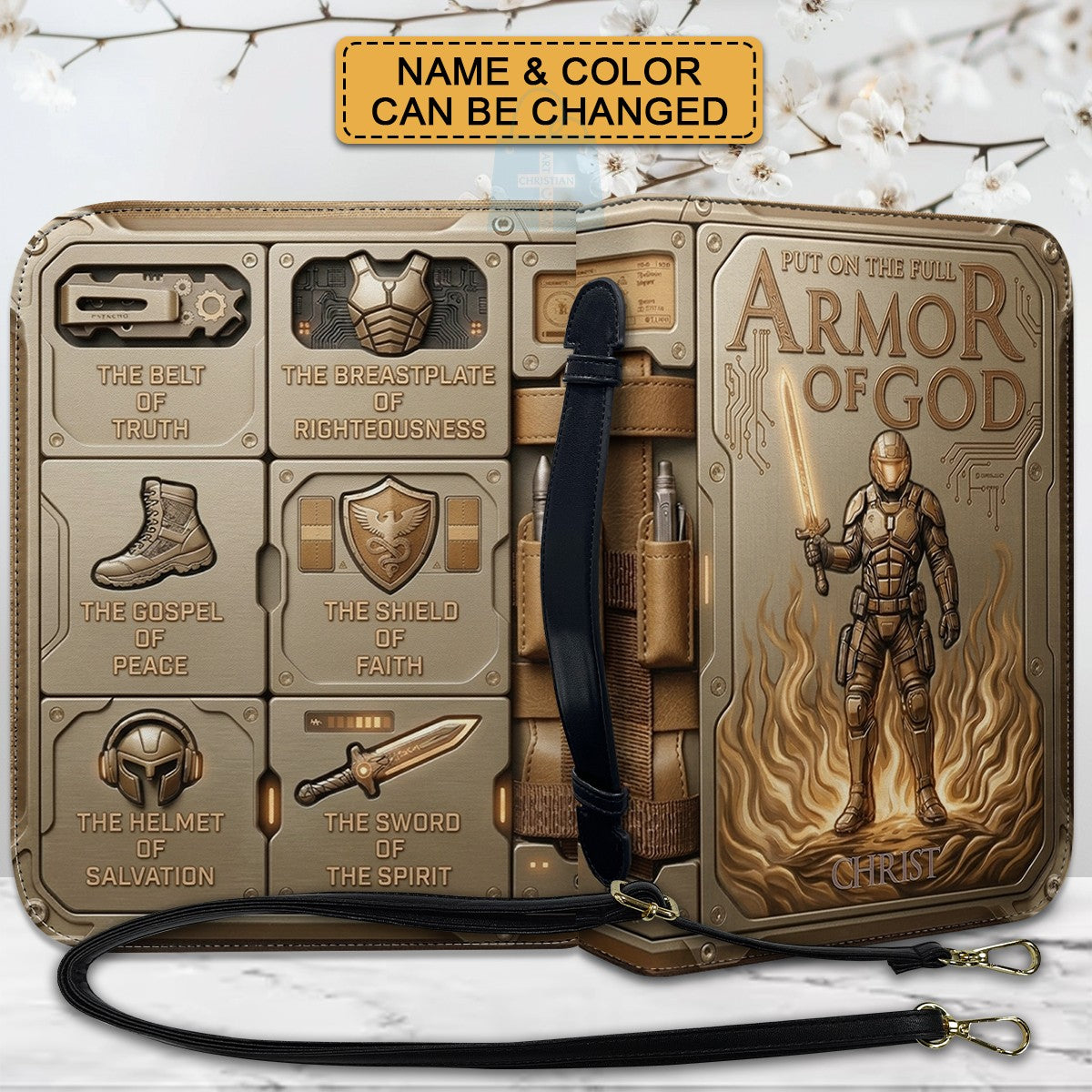 Personalized Bible Cover Armor of God | Custom Name Leather Bible Case with Handle | Christian Gift for Men Women | CHRISTIANARTBAG CAB01060926