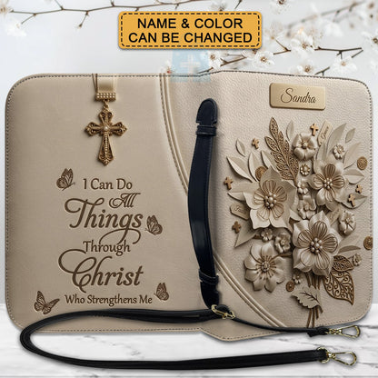 Personalized Bible Cover Case with Handle & Strap, Custom Leather Bible Bag with Name & Scripture - CHRISTIANARTBAG 01080226