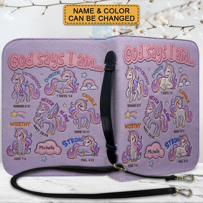 Personalized Bible Cover Carrying Bag with Handle & Strap, God Says I Am Unicorn Custom Name Bible Case - CHRISTIANARTBAG 01092426