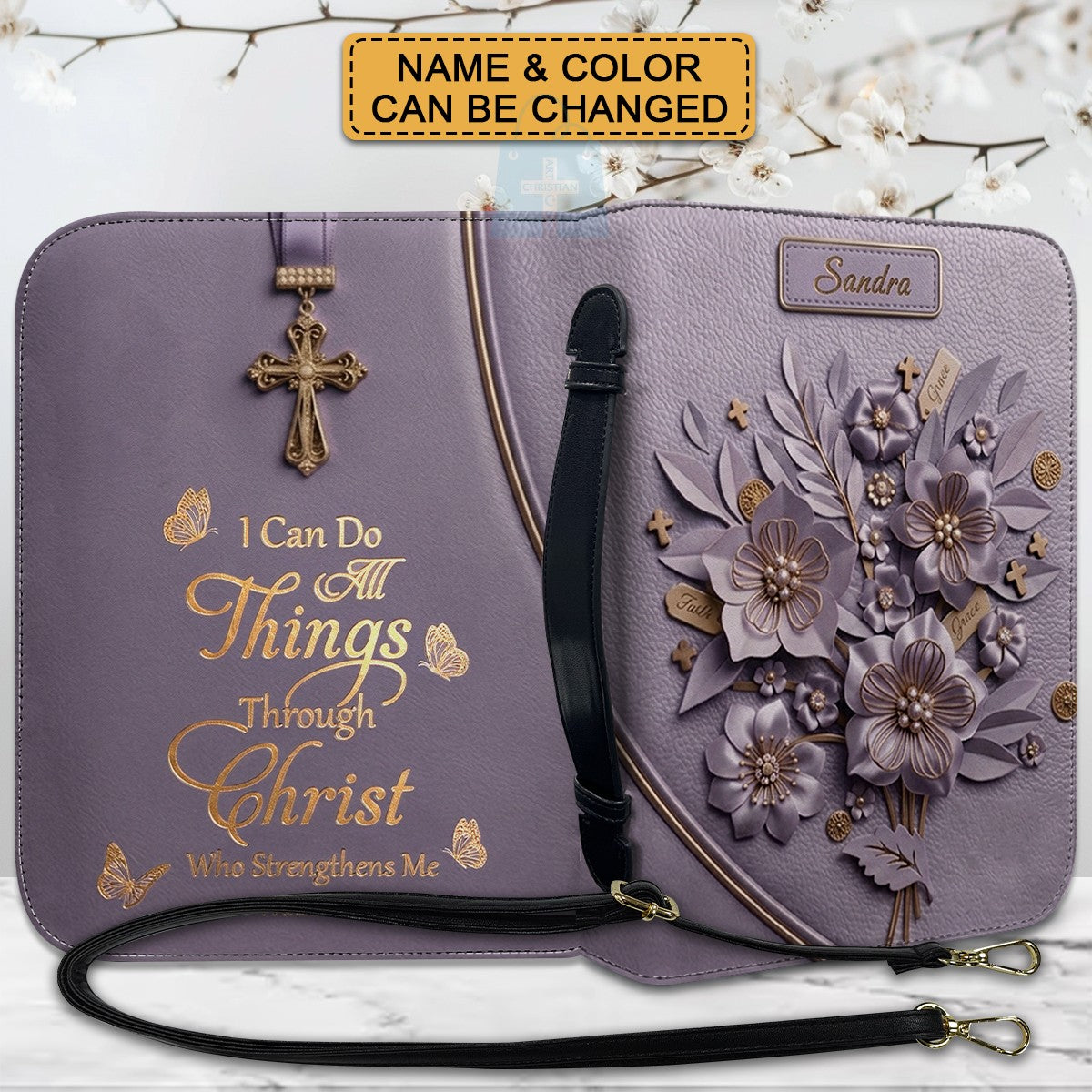 Personalized Bible Cover Case with Handle & Strap, Custom Leather Bible Bag with Name & Scripture - CHRISTIANARTBAG 01080226