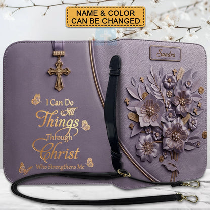Personalized Bible Cover Case with Handle & Strap, Custom Leather Bible Bag with Name & Scripture - CHRISTIANARTBAG 01080226