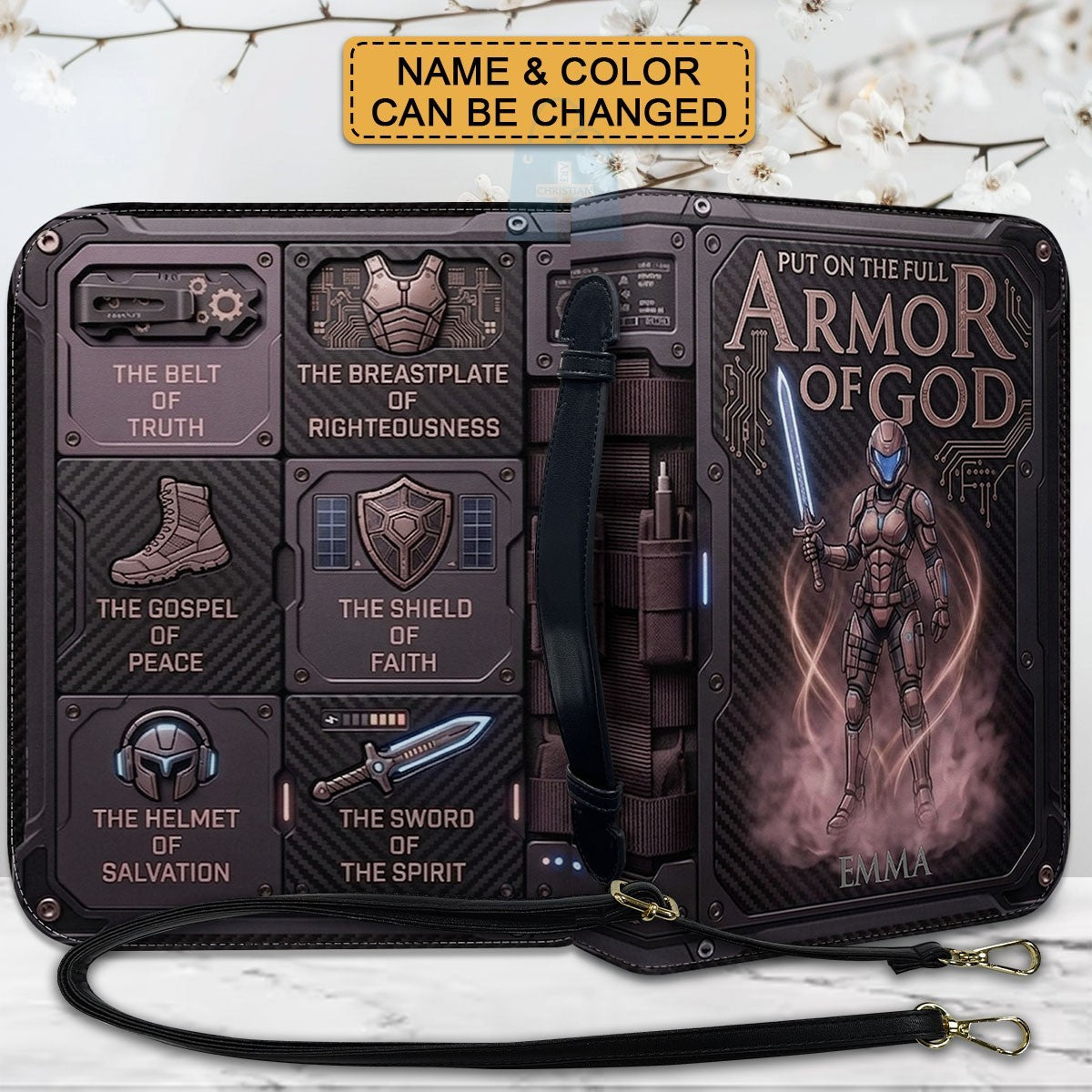 CHRISTIANARTBAG Personalized Bible Cover for Women - Custom Leather Bible Case with Handle & Zipper, Luxury Christian Gifts for Her, Floral Armor of God Protective Book Sleeve CAB01061526