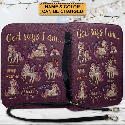 Personalized Bible Cover Carrying Bag with Handle & Strap, God Says I Am Unicorn Custom Name Bible Case - CHRISTIANARTBAG 01092426