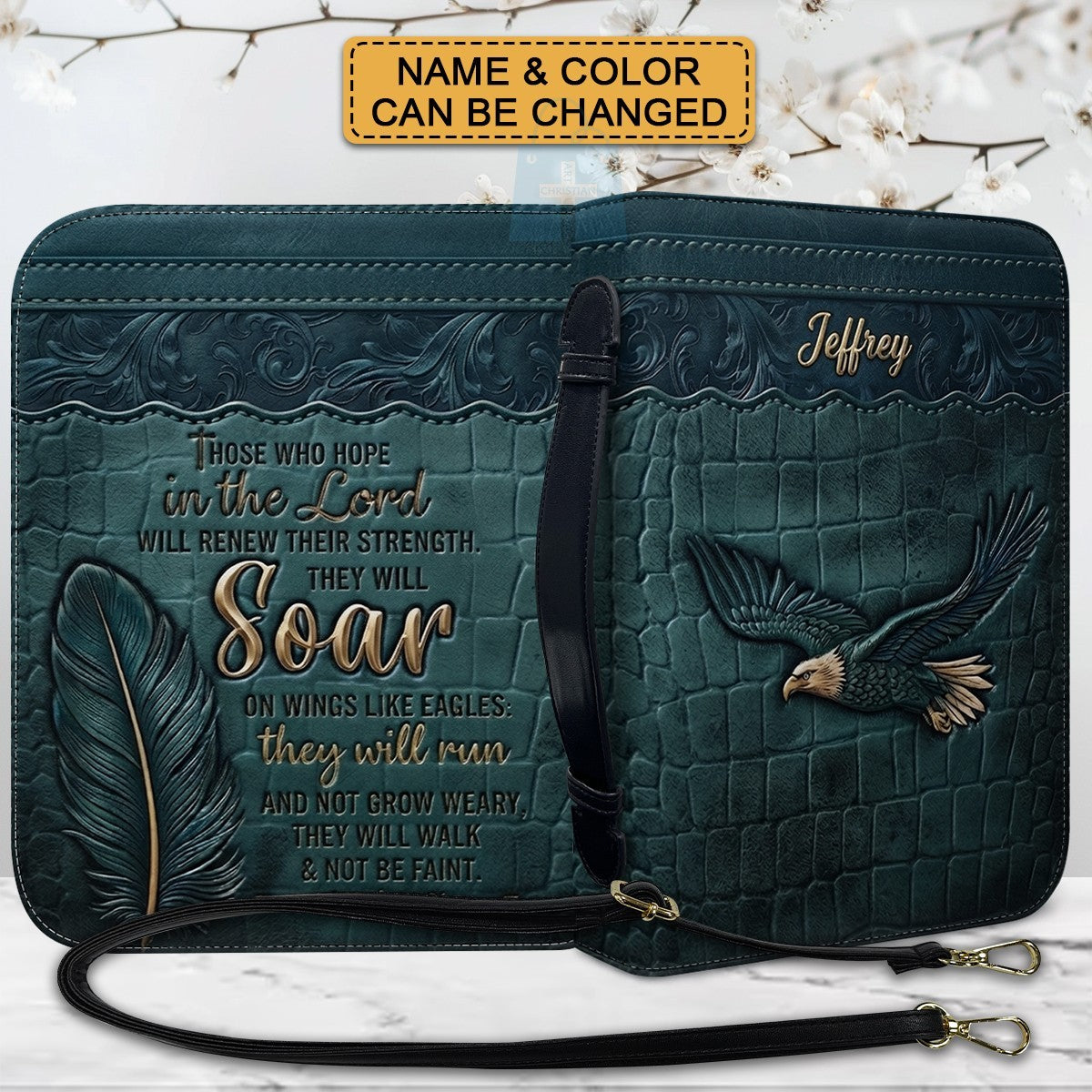 Personalized Bible Cover with Strap by CHRISTIANARTBAG - Custom Engraved Name & Isaiah 40:31 Eagle Design
