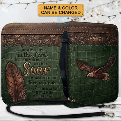 Personalized Bible Cover with Strap by CHRISTIANARTBAG - Custom Engraved Name & Isaiah 40:31 Eagle Design