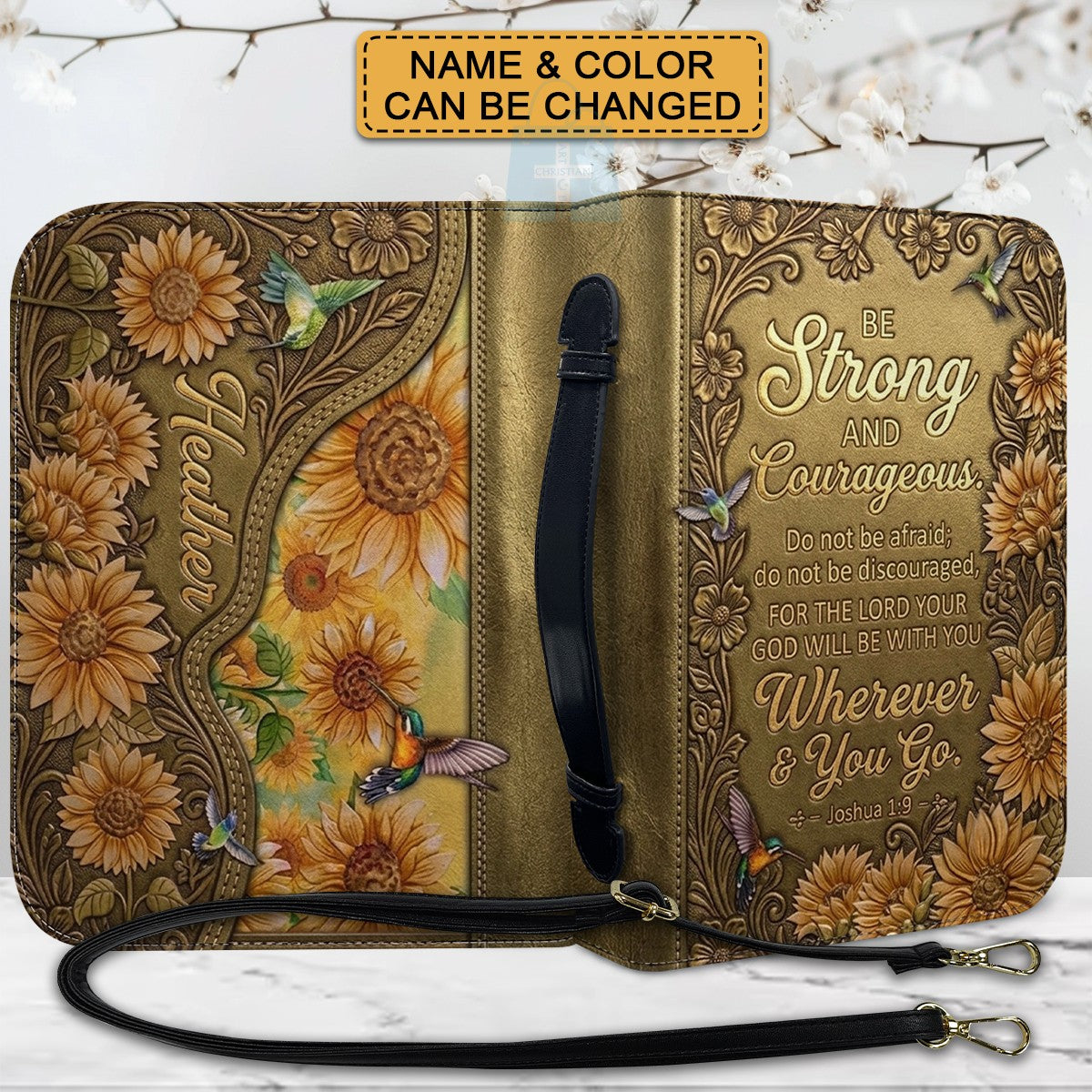 Personalized Bible Cover with Name & Verse - Sunflower Hummingbird Leather Bible Case, Be Strong Joshua 1:9 Christian Gift - CHRISTIANARTBAG 01082326