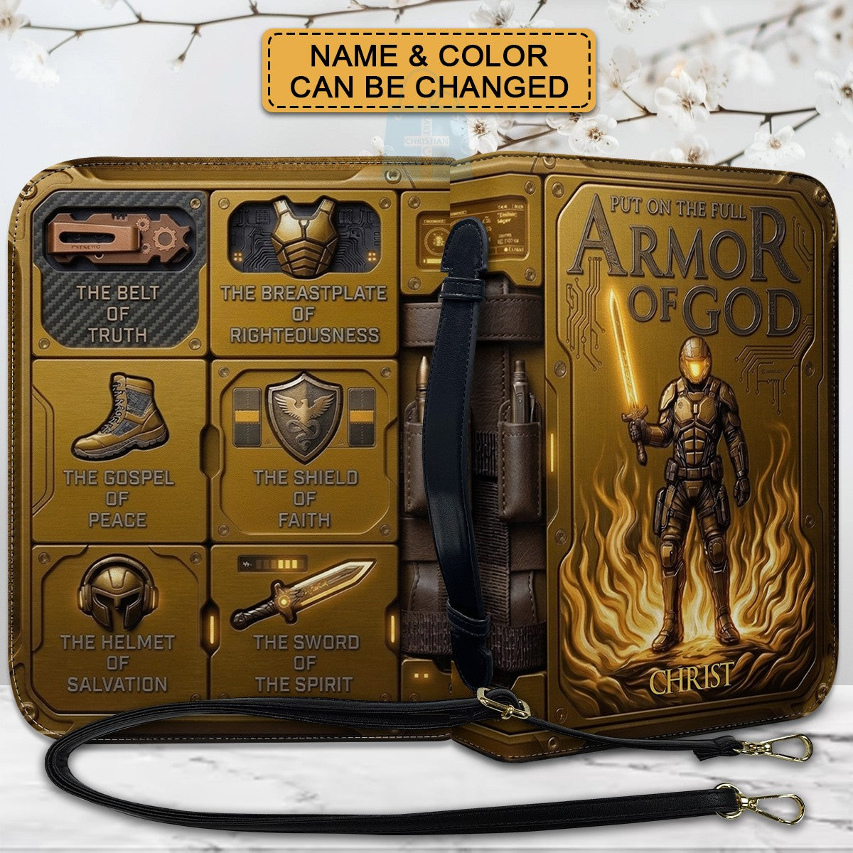 Personalized Bible Cover Armor of God | Custom Name Leather Bible Case with Handle | Christian Gift for Men Women | CHRISTIANARTBAG CAB01060926