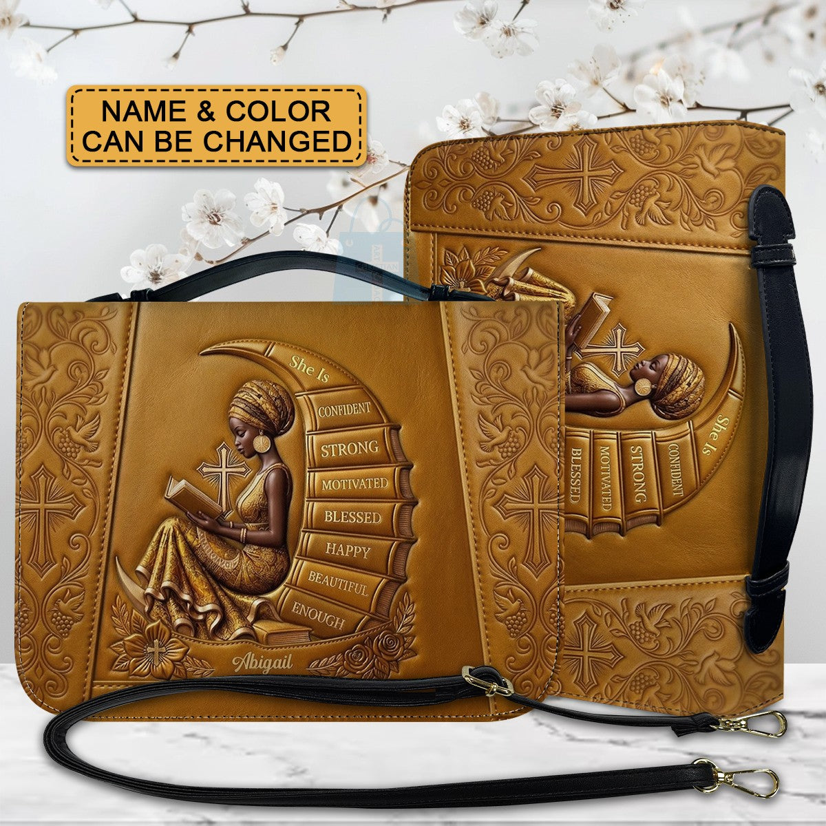 Personalized Bible Cover for Women, Custom Name Leather Bible Bag with Strap - CHRISTIANARTBAG CAB01100126