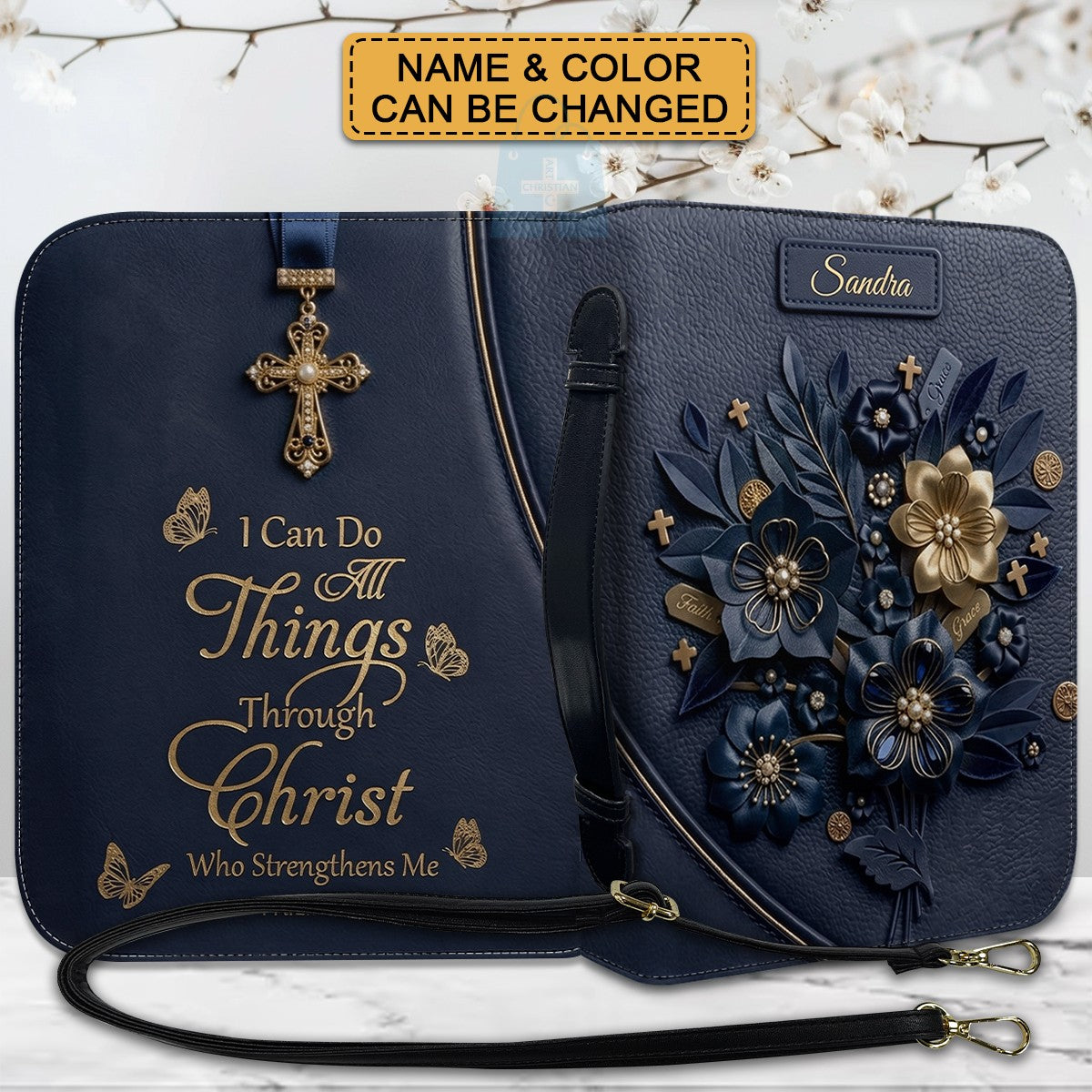Personalized Bible Cover Case with Handle & Strap, Custom Leather Bible Bag with Name & Scripture - CHRISTIANARTBAG 01080226