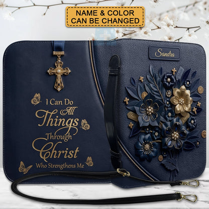 Personalized Bible Cover Case with Handle & Strap, Custom Leather Bible Bag with Name & Scripture - CHRISTIANARTBAG 01080226