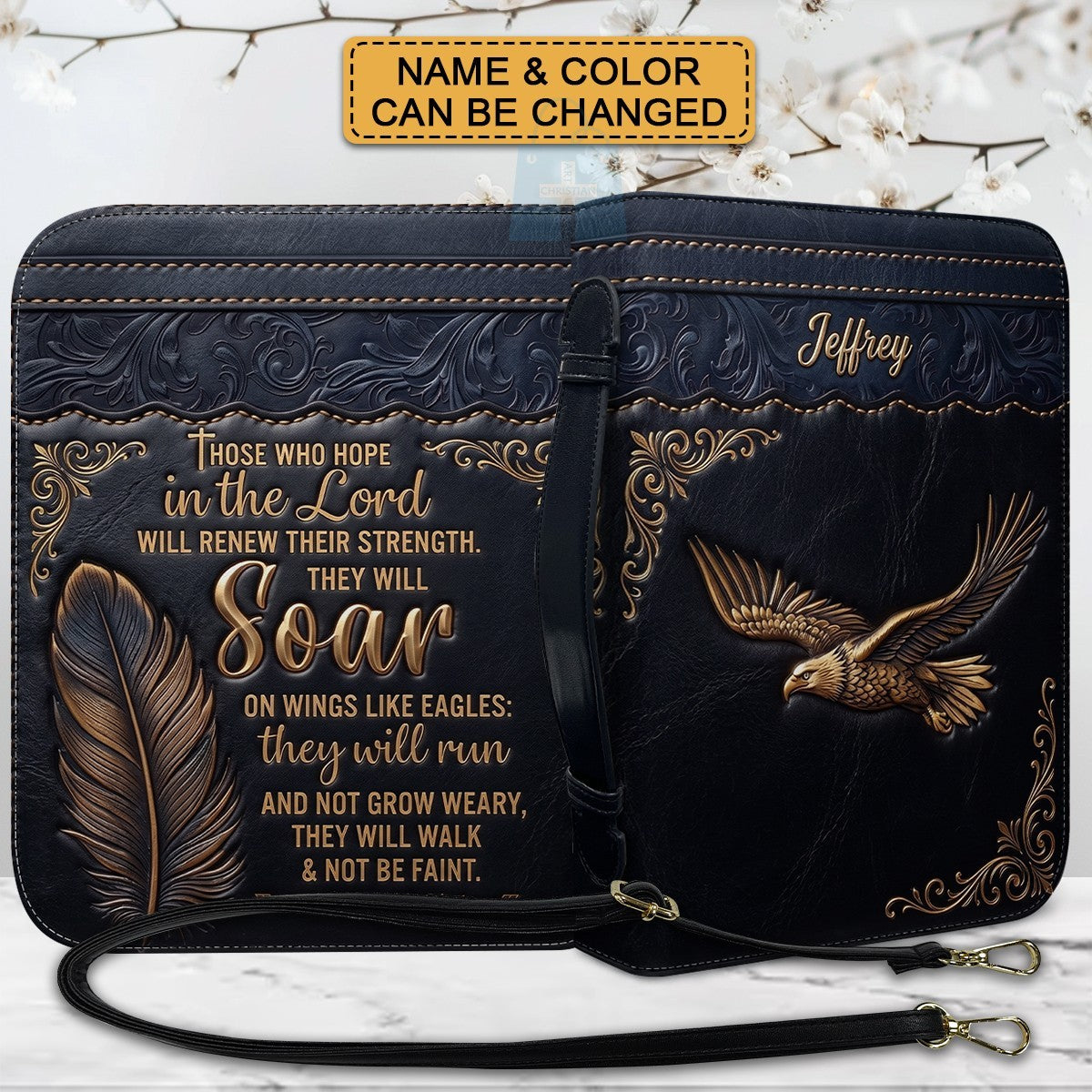 Personalized Bible Cover with Strap by CHRISTIANARTBAG - Custom Engraved Name & Isaiah 40:31 Eagle Design