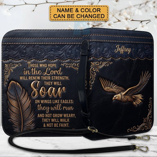 Personalized Bible Cover with Strap by CHRISTIANARTBAG - Custom Engraved Name & Isaiah 40:31 Eagle Design