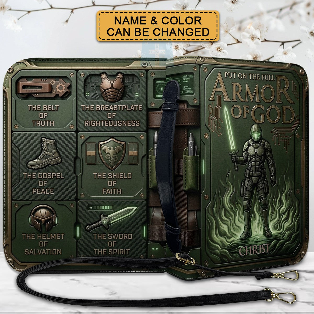 Personalized Bible Cover Armor of God | Custom Name Leather Bible Case with Handle | Christian Gift for Men Women | CHRISTIANARTBAG CAB01060926
