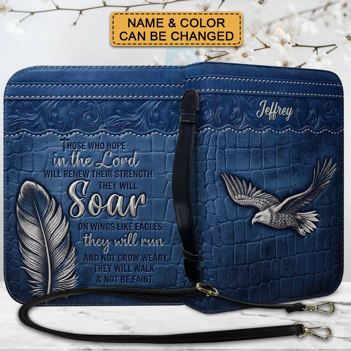 Personalized Bible Cover with Strap by CHRISTIANARTBAG - Custom Engraved Name & Isaiah 40:31 Eagle Design
