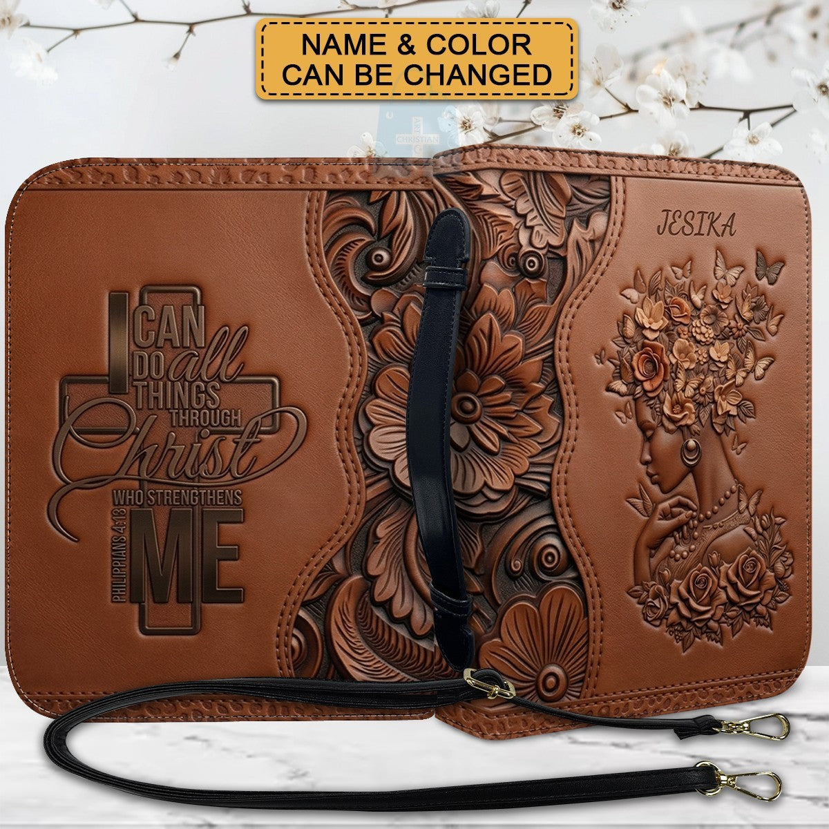 Personalized Leather Bible Cover with Strap - "I Can Do All Things Through Christ" Philippians 4:13, Custom Name Floral Artwork Case by CHRISTIANARTBAG 01082426