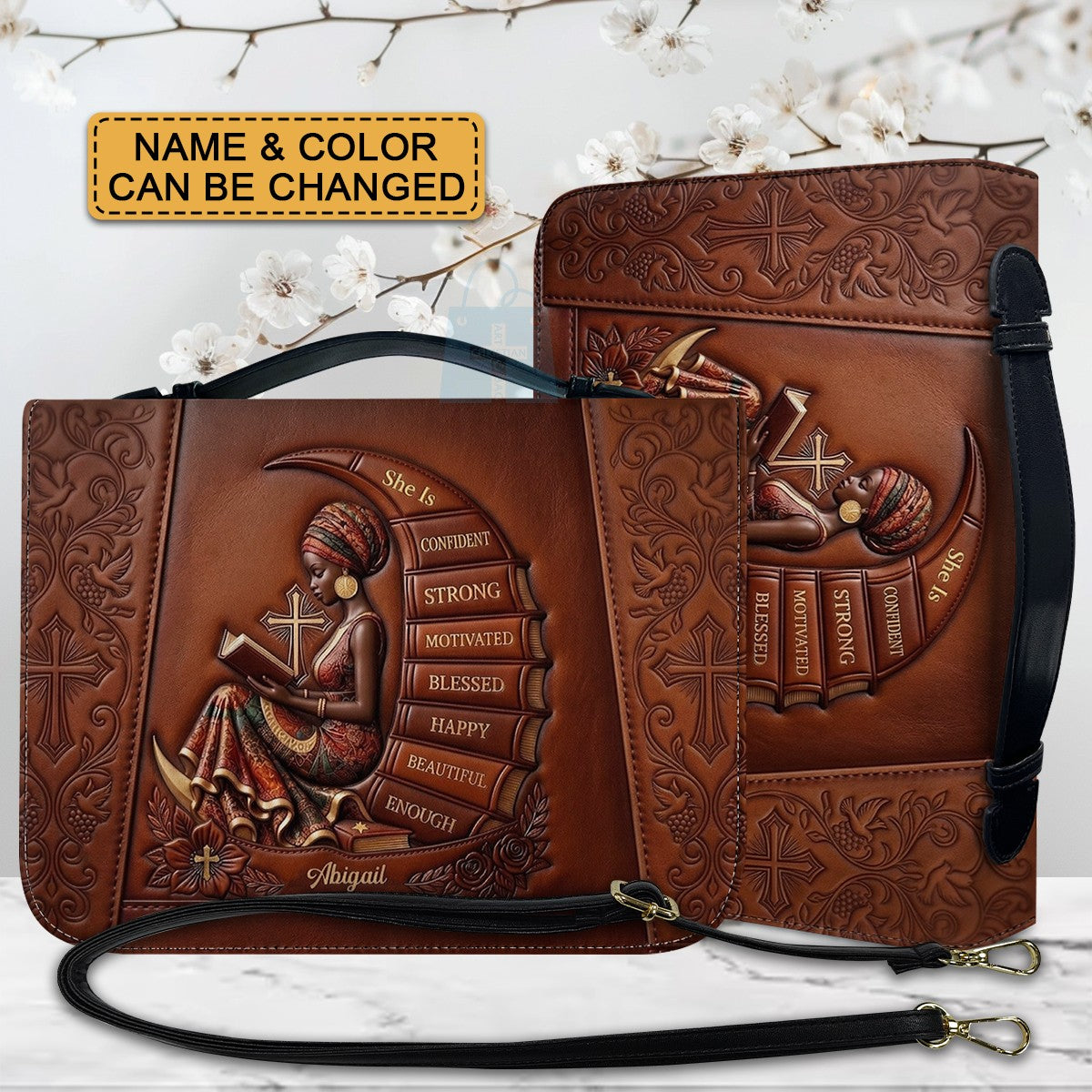 Personalized Bible Cover for Women, Custom Name Leather Bible Bag with Strap - CHRISTIANARTBAG CAB01100126