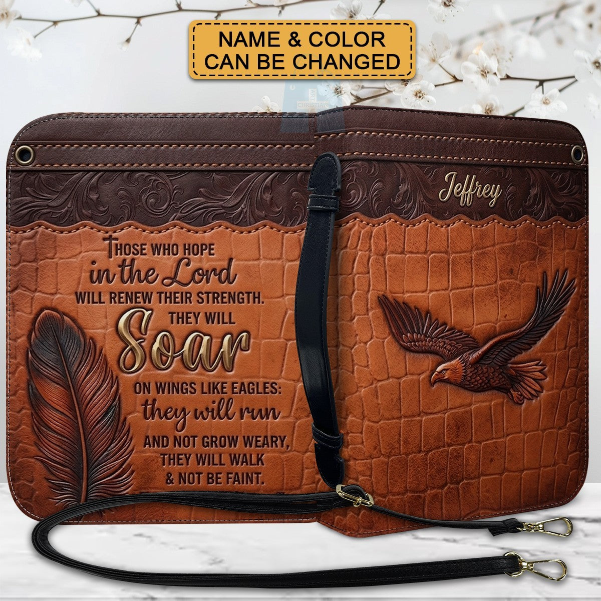 Personalized Bible Cover with Strap by CHRISTIANARTBAG - Custom Engraved Name & Isaiah 40:31 Eagle Design