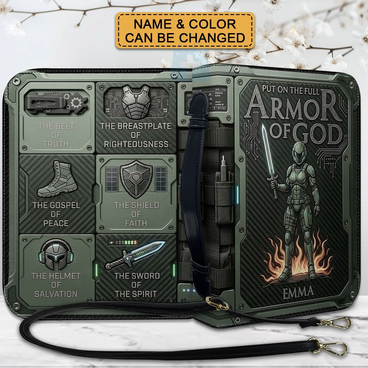 CHRISTIANARTBAG Personalized Bible Cover for Women - Custom Leather Bible Case with Handle & Zipper, Luxury Christian Gifts for Her, Floral Armor of God Protective Book Sleeve CAB01061526