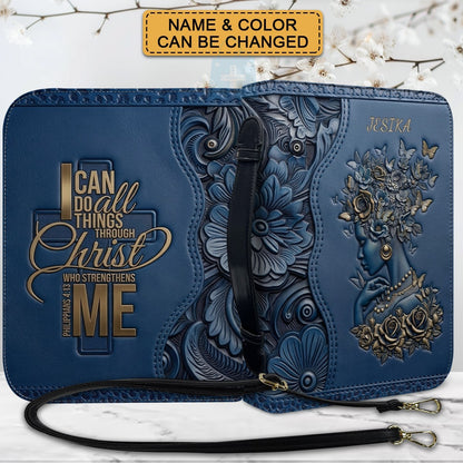 Personalized Leather Bible Cover with Strap - "I Can Do All Things Through Christ" Philippians 4:13, Custom Name Floral Artwork Case by CHRISTIANARTBAG 01082426