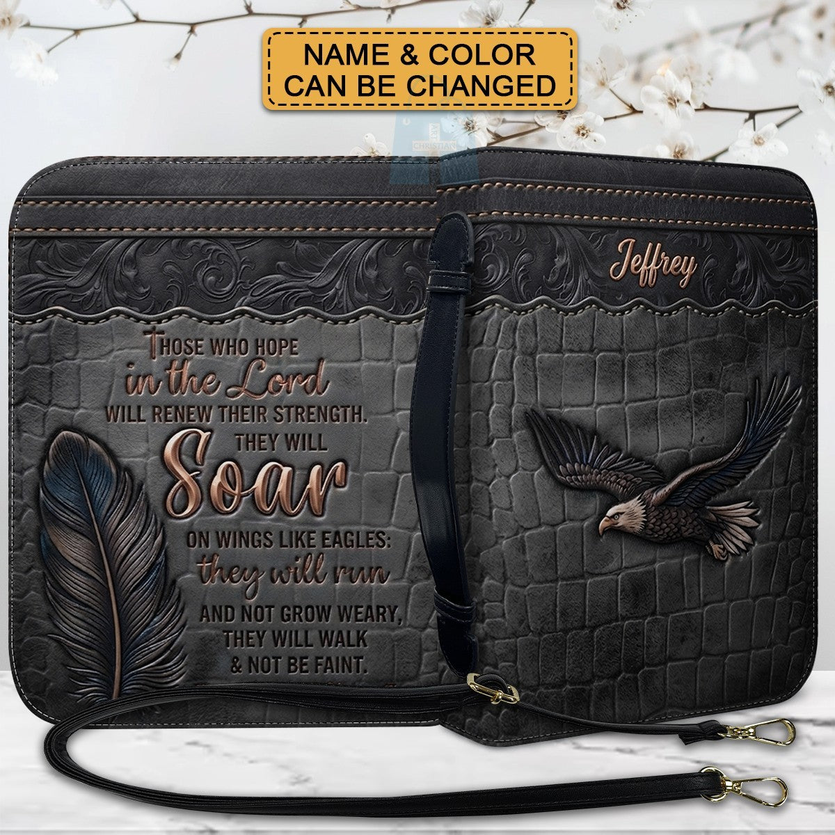 Personalized Bible Cover with Strap by CHRISTIANARTBAG - Custom Engraved Name & Isaiah 40:31 Eagle Design