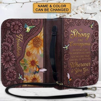 Personalized Bible Cover with Name & Verse - Sunflower Hummingbird Leather Bible Case, Be Strong Joshua 1:9 Christian Gift - CHRISTIANARTBAG 01082326