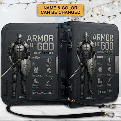 CHRISTIANARTBAG Personalized Armor of God Bible Cover for Men | Custom Name Ephesians 6:10 Leather Bible Case with Handle & Strap | Tech-Series Midnight Bishop Knight Gift CAB01062926