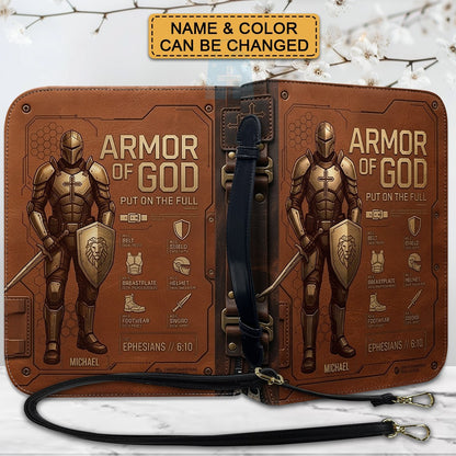 CHRISTIANARTBAG Personalized Armor of God Bible Cover for Men | Custom Name Ephesians 6:10 Leather Bible Case with Handle & Strap | Tech-Series Midnight Bishop Knight Gift CAB01062926