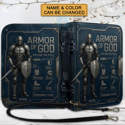 CHRISTIANARTBAG Personalized Armor of God Bible Cover for Men | Custom Name Ephesians 6:10 Leather Bible Case with Handle & Strap | Tech-Series Midnight Bishop Knight Gift CAB01062926