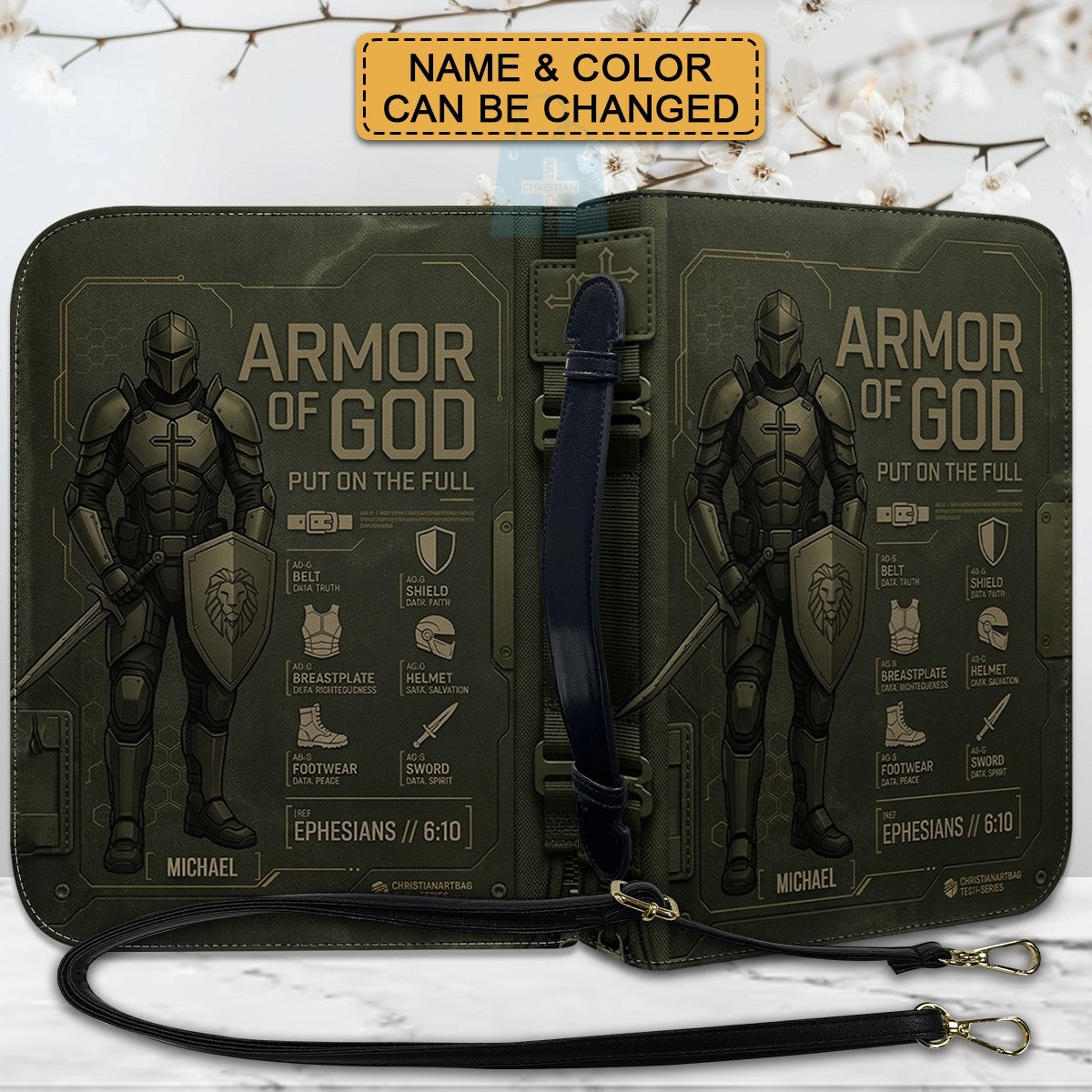 CHRISTIANARTBAG Personalized Armor of God Bible Cover for Men | Custom Name Ephesians 6:10 Leather Bible Case with Handle & Strap | Tech-Series Midnight Bishop Knight Gift CAB01062926