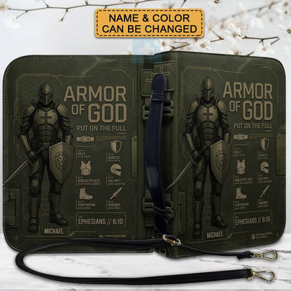 CHRISTIANARTBAG Personalized Armor of God Bible Cover for Men | Custom Name Ephesians 6:10 Leather Bible Case with Handle & Strap | Tech-Series Midnight Bishop Knight Gift CAB01062926