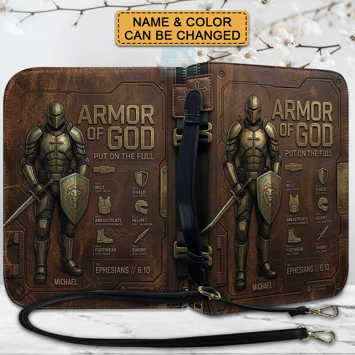 CHRISTIANARTBAG Personalized Armor of God Bible Cover for Men | Custom Name Ephesians 6:10 Leather Bible Case with Handle & Strap | Tech-Series Midnight Bishop Knight Gift CAB01062926