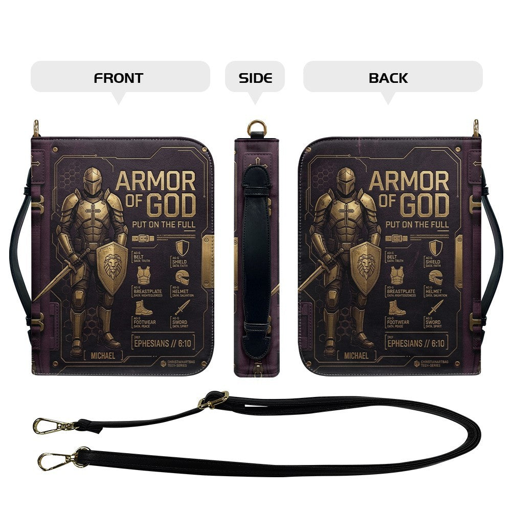 CHRISTIANARTBAG Personalized Armor of God Bible Cover for Men | Custom Name Ephesians 6:10 Leather Bible Case with Handle & Strap | Tech-Series Midnight Bishop Knight Gift CAB01062926