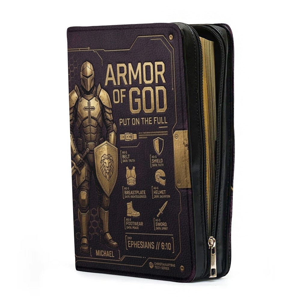 CHRISTIANARTBAG Personalized Armor of God Bible Cover for Men | Custom Name Ephesians 6:10 Leather Bible Case with Handle & Strap | Tech-Series Midnight Bishop Knight Gift CAB01062926