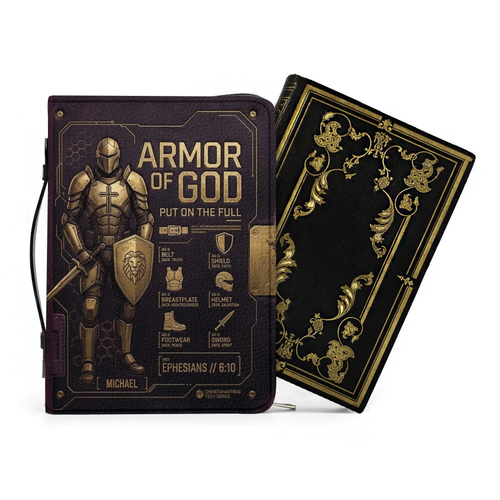 CHRISTIANARTBAG Personalized Armor of God Bible Cover for Men | Custom Name Ephesians 6:10 Leather Bible Case with Handle & Strap | Tech-Series Midnight Bishop Knight Gift CAB01062926