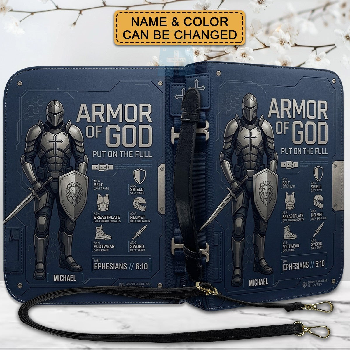 CHRISTIANARTBAG Personalized Armor of God Bible Cover for Men | Custom Name Ephesians 6:10 Leather Bible Case with Handle & Strap | Tech-Series Midnight Bishop Knight Gift CAB01062926