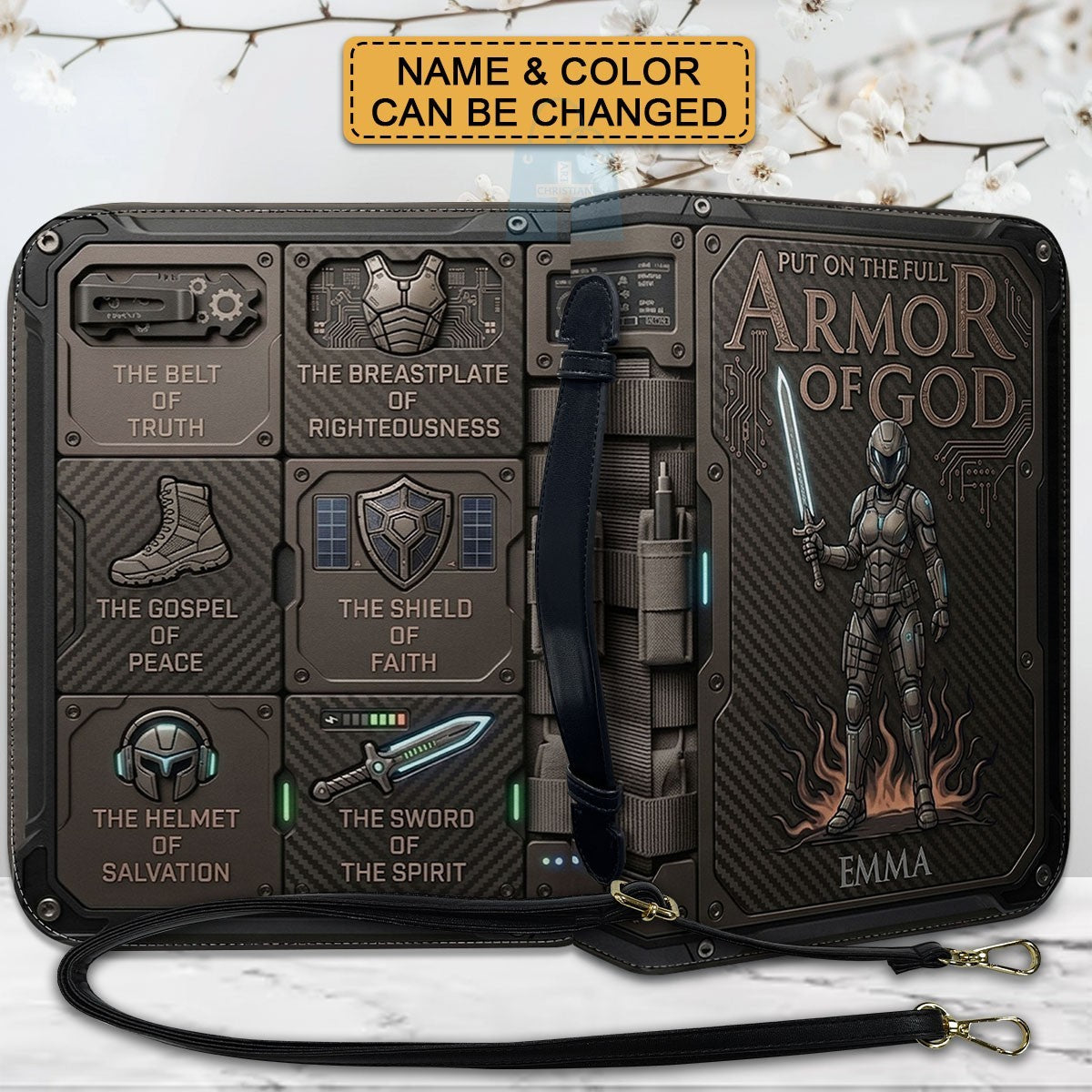 CHRISTIANARTBAG Personalized Bible Cover for Women - Custom Leather Bible Case with Handle & Zipper, Luxury Christian Gifts for Her, Floral Armor of God Protective Book Sleeve CAB01061526