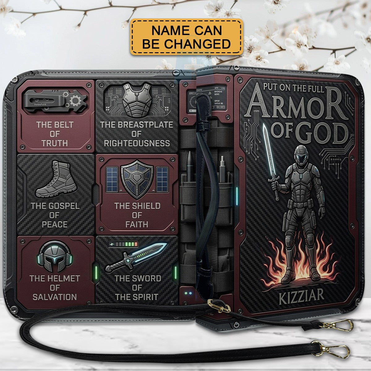 Personalized Armor of God Bible Cover for Men Tech-Integrated | Custom Leather Bible Case by CHRISTIANARTBAG CAB01052826