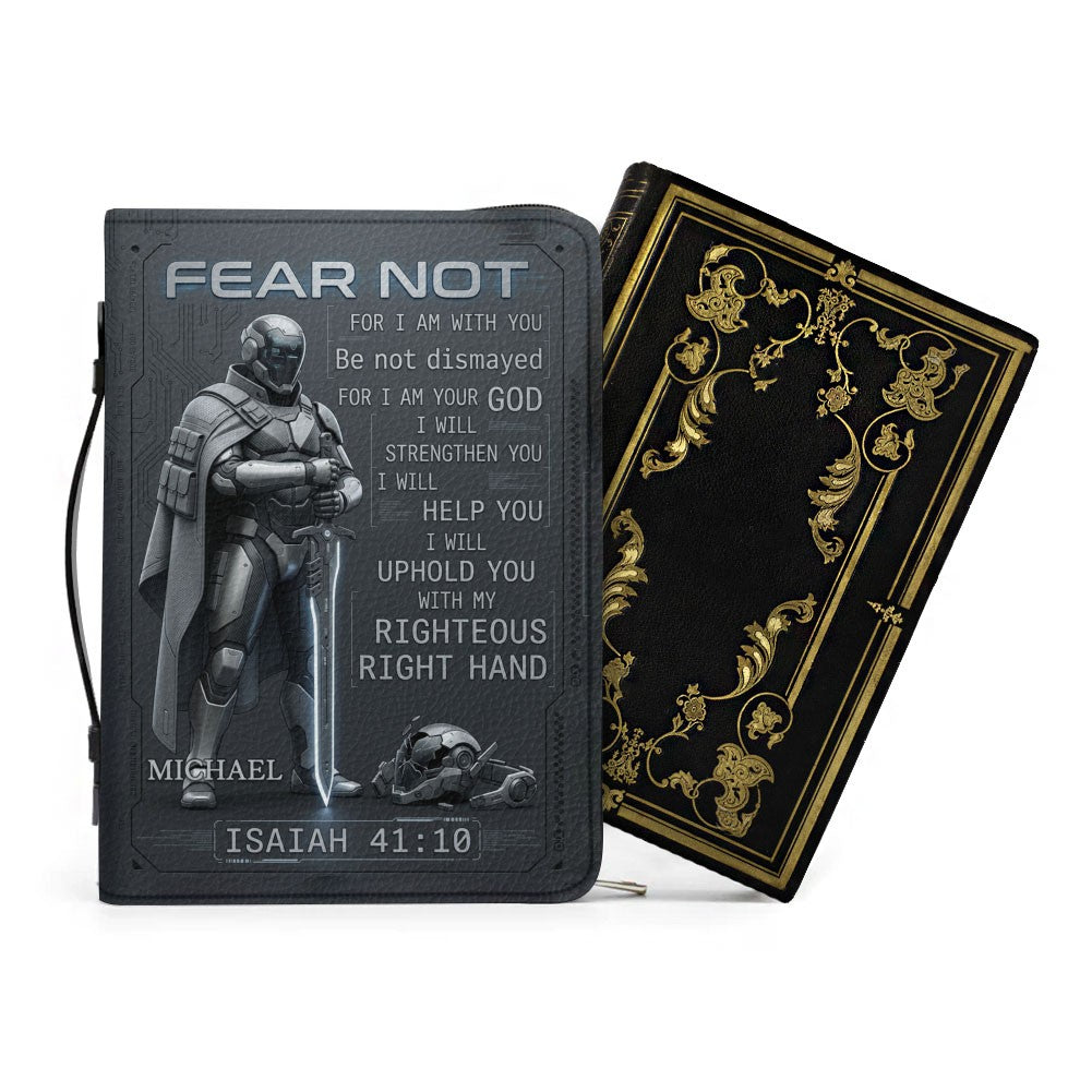 Personalized Tech Minimalism Bible Cover by CHRISTIANARTBAG | Custom Name Sci-Fi Armor Case with Isaiah 41:10 Fear Not Verse CAB01062426