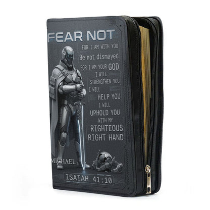 Personalized Tech Minimalism Bible Cover by CHRISTIANARTBAG | Custom Name Sci-Fi Armor Case with Isaiah 41:10 Fear Not Verse CAB01062426