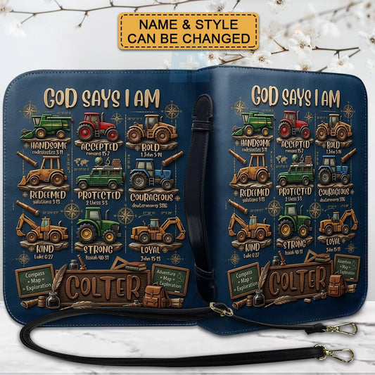 Personalized God Says I Am Kids Bible Cover | Custom Name Boy Bible Case, Premium Vegan Leather, Construction Truck Christian Gift CAB0171926